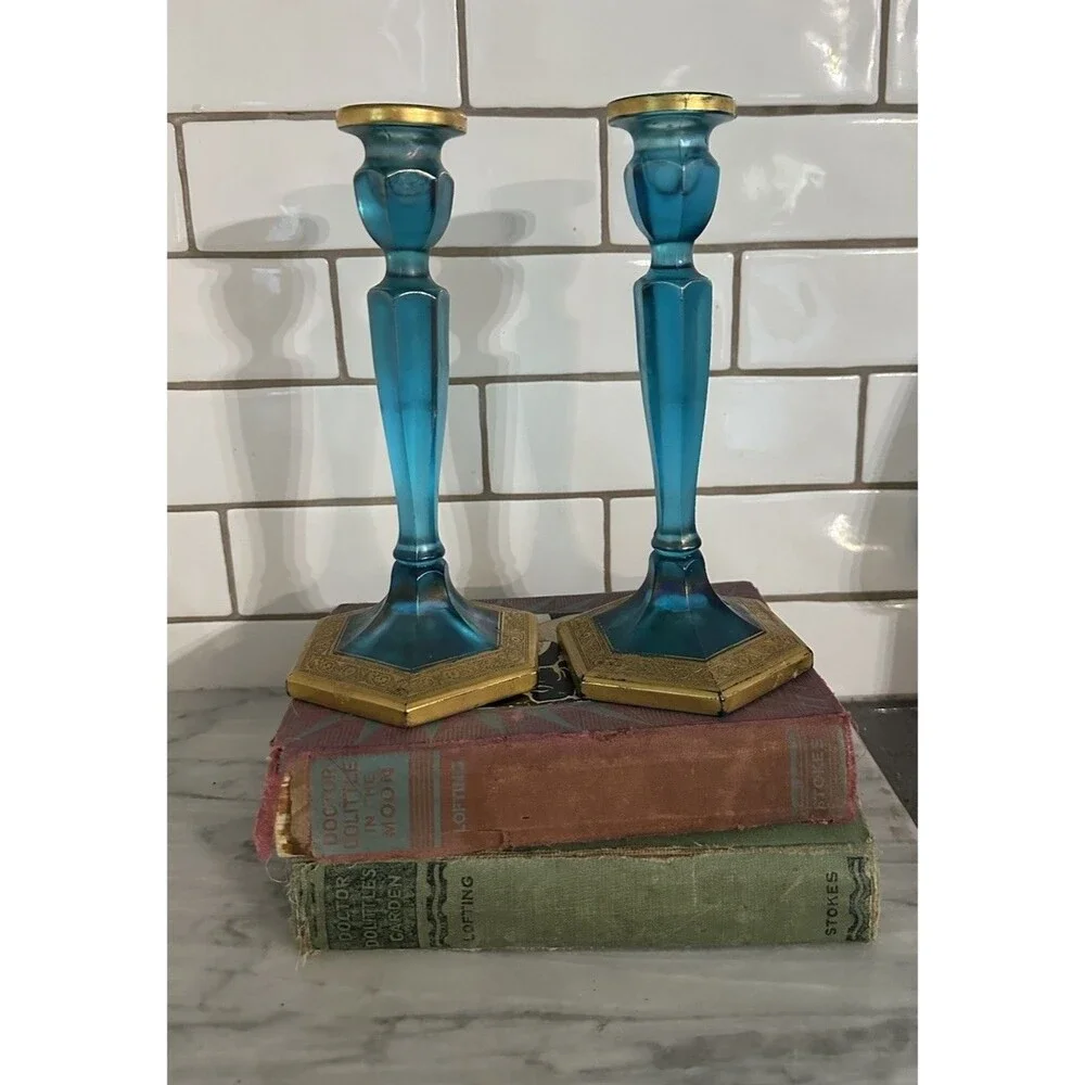Pair of Vintage Fenton Celeste Blue & Gold Gilt Stretched 8.5 Inch Candlesticks